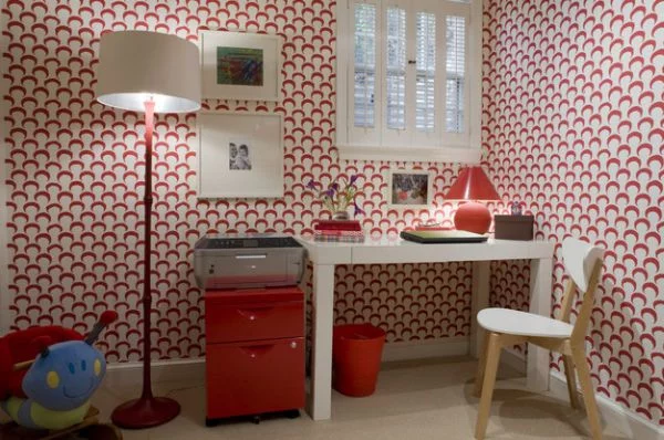 designer büro parsons desk weiß rot weiß drucker stehlampe