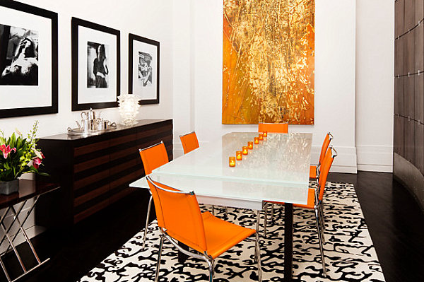 innendesign ideen orange farbe sofa essbereich stühle wanddeko