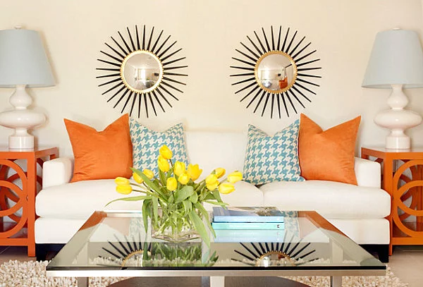 innendesign ideen orange farbe sofa wohnbereich deko kissen