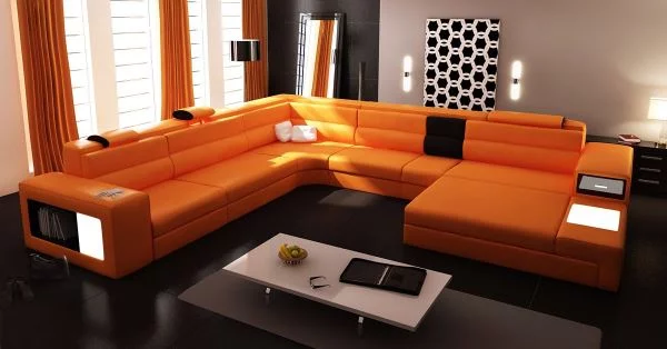 innendesign ideen orange farbe sofa wohnzimmer ecksofa gardinene
