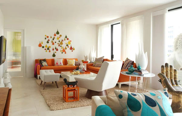 innendesign ideen orange farbe sofa wohnzimmer farbakzente