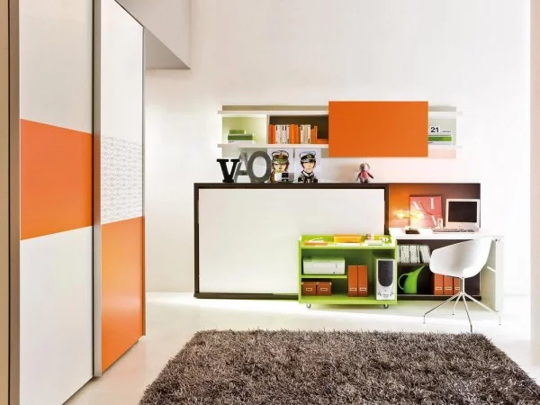 orange weiß farben eingebaut kleiderschrank teppich kinderzimmer