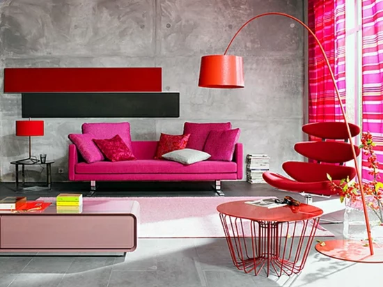 raumgestaltung mit farben pink rosa rot grau rau modern
