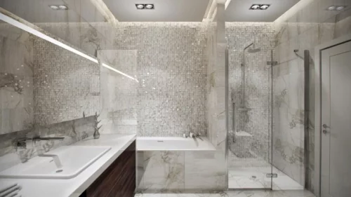 schick modern badezimmer badewanne glanzvoll mosaik holz oberflächen
