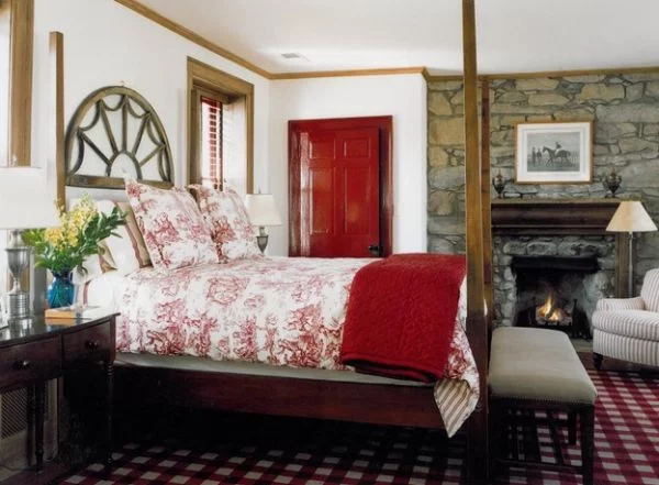 toile de jouy textilien rustikales schlafzimmer natursteine