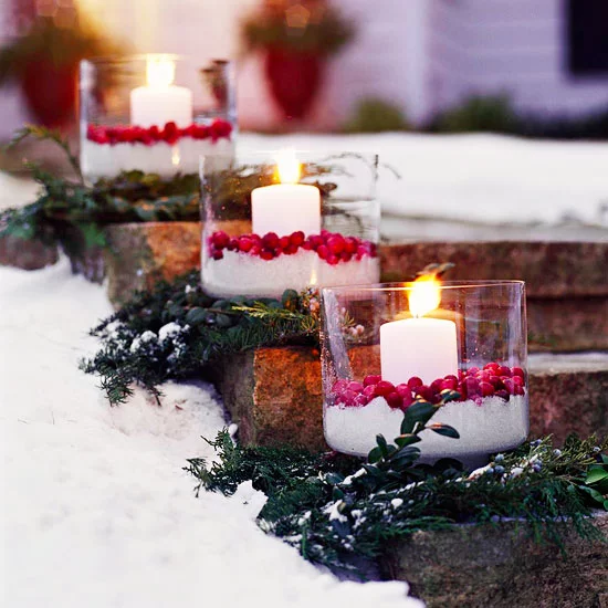 weihnachten verzierung ornamente eingang treppen kerzen cranberry