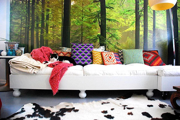 wohnen und dekorieren kissen katze wandtapete deko sofa wohnzimmer