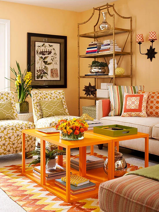 wohnzimmer multifunktional einrichten teppich mit chevron muster in gelb und orange