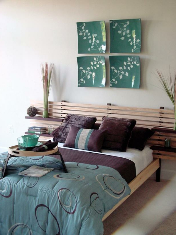 Das Schlafzimmer günstig einrichten wand dekoration teller grün bettgestell