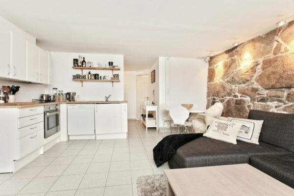 Wohnzimmer und Küche in einem Raum kombiniert stein wandgestaltung