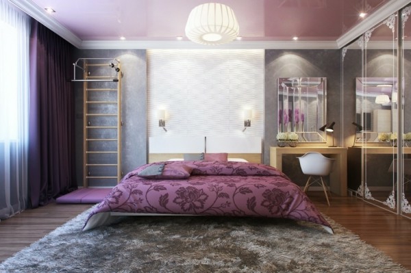 Kleines Schlafzimmer modern lila blumenmuster bettwäsche