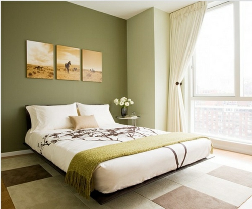 kräftige farben Wandgestaltung  schlafzimmer dunkelgrün weiß bettwäsche