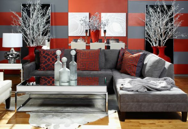 Luxus Wohnzimmer einrichten rot grau schwarz