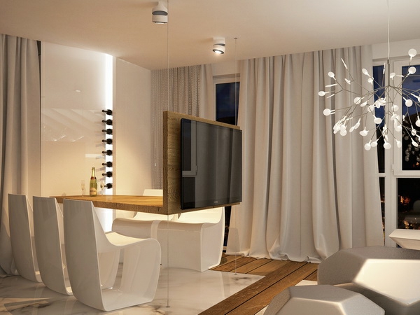 futuristische Einrichtung in einem Apartment fernseher gardinen