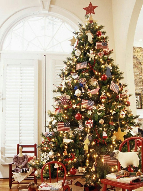 dekoration für künstlichen Weihnachtsbaum rot holzstuhl