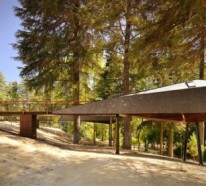 Zwei schlangenartige Hütten im Wald – ein neuer Begriff für Baumhaus