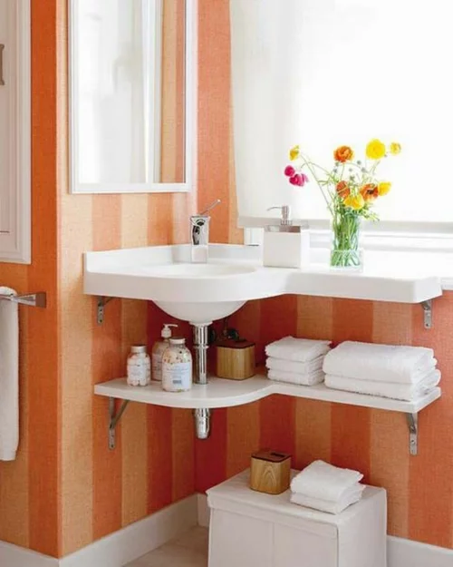 coole Einrichtung fürs kleine Badezimmer orange streifen waschbecken