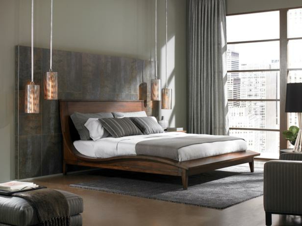 luxus schlafzimmer granit paneelen und zylindrische hängelampen