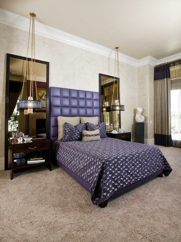 luxus schlafzimmer lila kopfteil und große wandspiegel