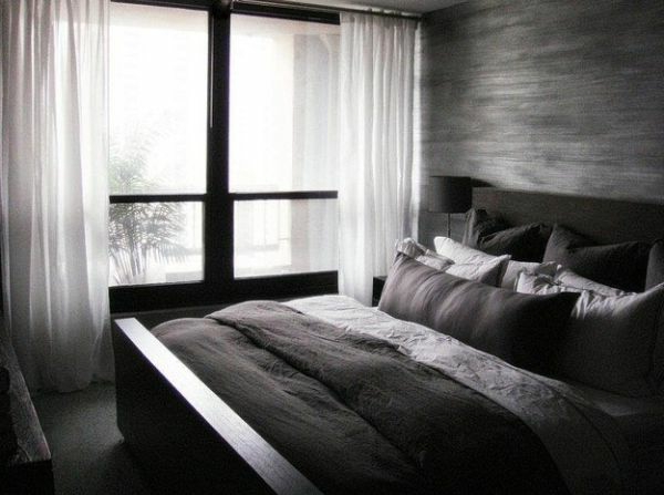 minimalistisches schlafzimmer dunkle farben kontrast weiß gardinen