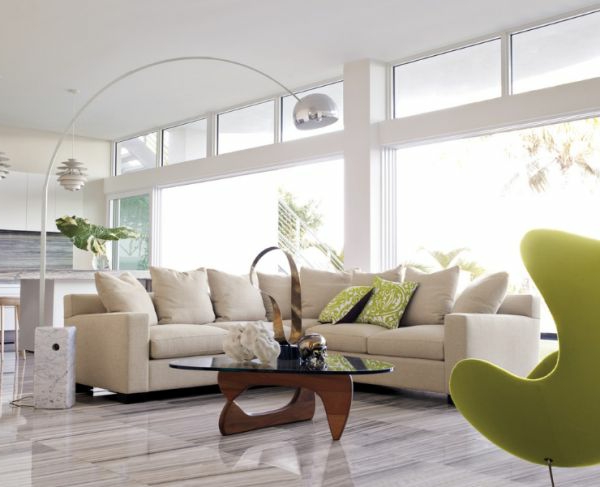 modern bogenlampe wohnzimmer sofas sessel grün tisch