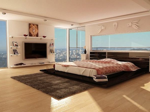 modernes schlafzimmer ausblick groß stadt fellteppich