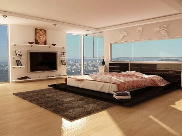 modernes schlafzimmer ausblick groß stadt fellteppich