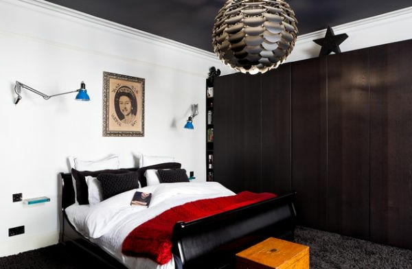 schlafzimmer schwarz weiß farben bettdecke rot