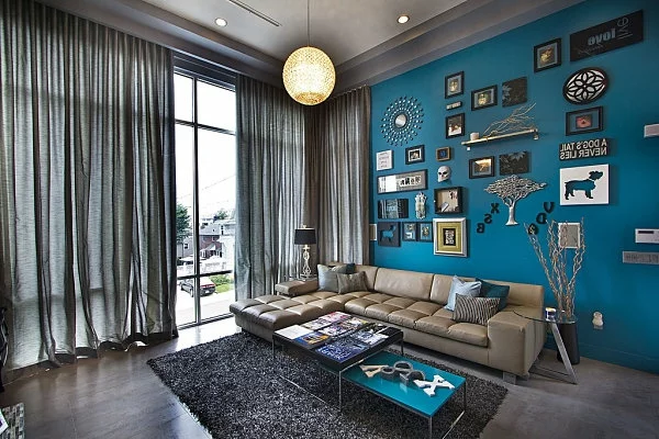 wohnzimmer wohnlandaschaften leder sofa hängelampen farben blau