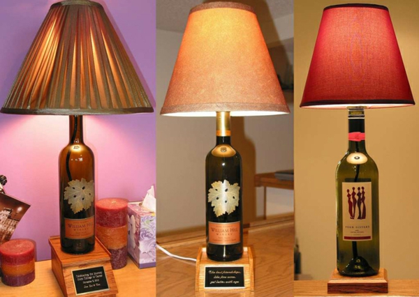 Bastelideen für DIY Projekte aus Weinflaschen tischlampen sockel holz