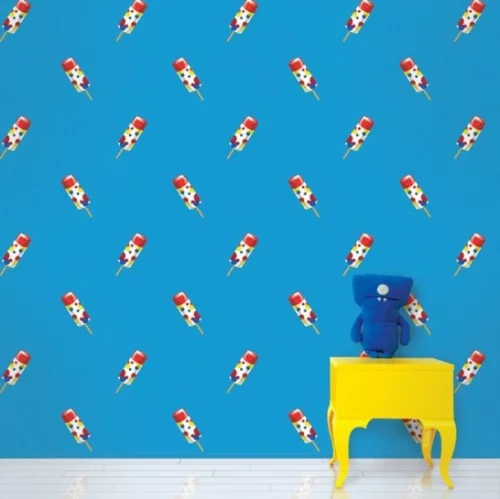 verspielte bunte Tapeten für Kinderzimmer blau eiscreme nachttisch gelb
