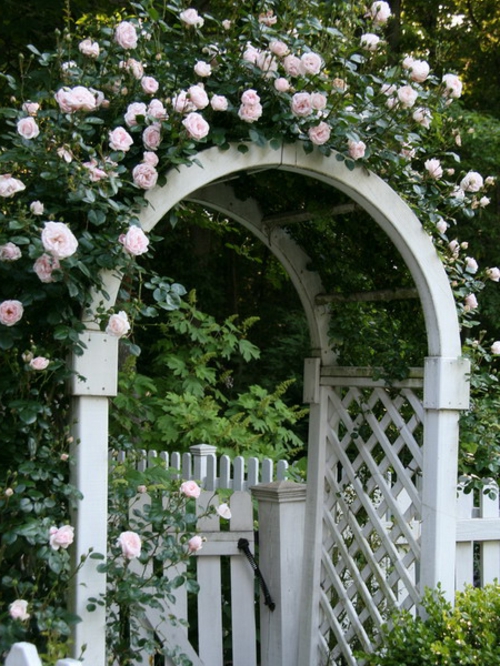 Coole Gartengestaltung mit Rosenbogen holz weiß