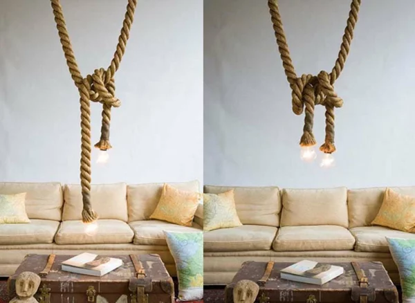 Hängelampen aus Seil wohnzimmer rustikal truhe couchtisch sofa