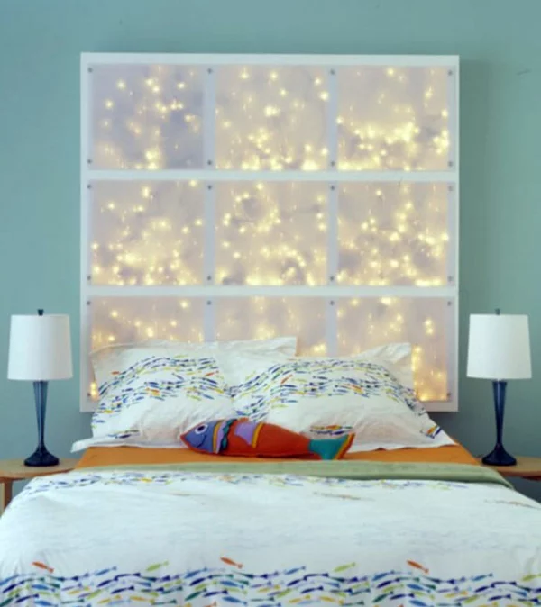Schlafzimmer komplett gestalten leuchtend kopfteil originell