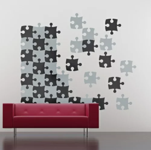 Wanddekoration mit Wandtattoo puzzle grau schwarz wohnzimmer rot