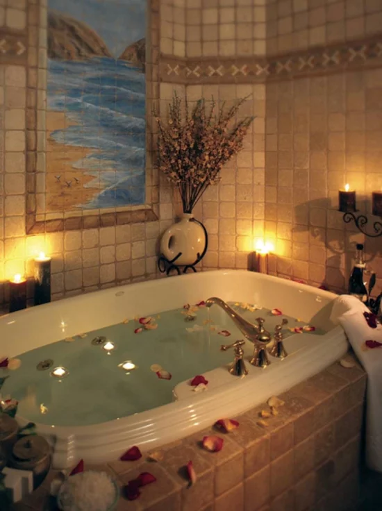 romantisches badezimmer stumpenkerzen und fliesen kunst