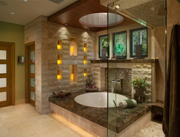 Badezimmer  Asien naturstein kamin badewanne