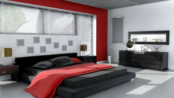 Das Schlafzimmer komplett gestalten rot wand bettdecke kommode