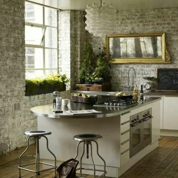 Küchen mit Naturstein gestaltet pflanzen frisch spiegel wand