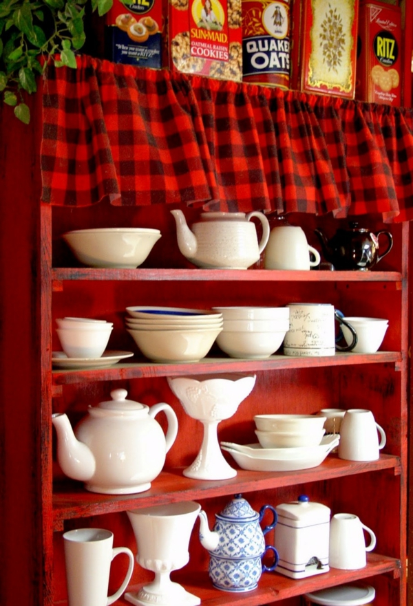 KücKüchenschrank  Küchenregal organisieren geschirr rot regale holz