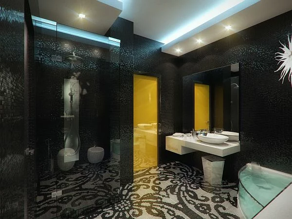 Luxus Apartment in Gelb und Schwarz badezimmer blumenmuster
