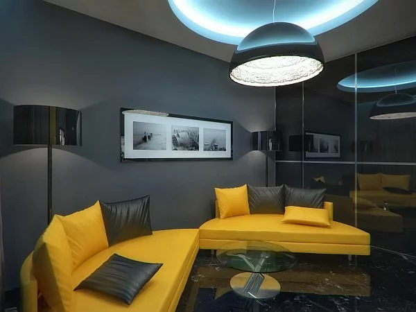 Luxus Apartment in Gelb und Schwarz wohnzimmer gelb schwarz kissen