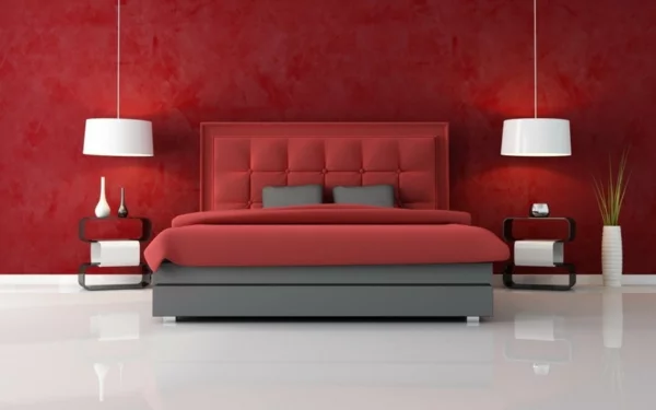 Minimalistische rote Schlafzimmer kopfteil gepolstert hängelampen  weiß