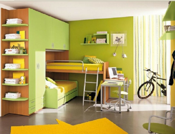 Multifunktionales Schlafzimmer gestalten grün gelb hochbett treppe