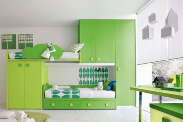 Multifunktionales Schlafzimmer gestalten grün mobiliar kleiderschrank