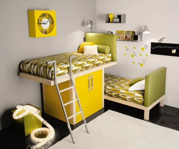 Multifunktionales Schlafzimmer gestalten kühne farben gelb grün pop art