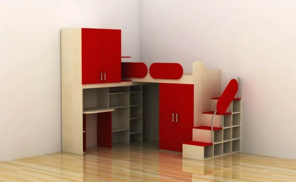 Multifunktionales Schlafzimmer gestalten rot lack holz treppe einfach