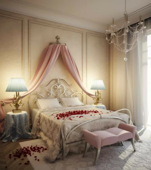 Romantik im Schlafzimmer zum Valentinstag baldachin rosa