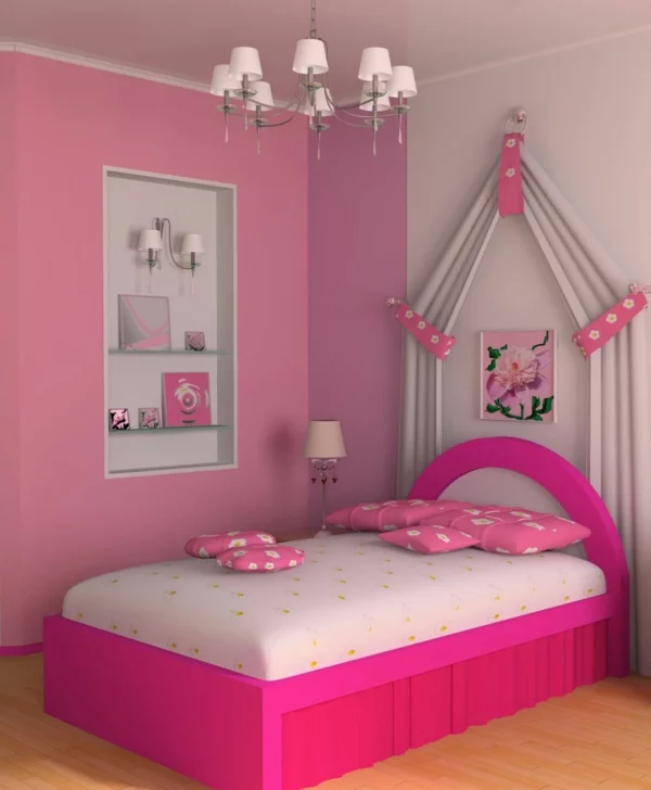 Rosa Kinderzimmer gestalten gardinen dekorativ eingebaut regale