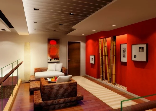 Wohnzimmer Deko bambus dekoration wand rot knall farben